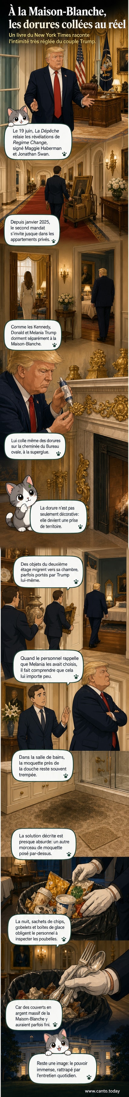 Illustration d’un couloir de la Maison Blanche avec des dorures collées au mur, une moquette humide devant une douche, et des couverts en argent jetés dans une poubelle.