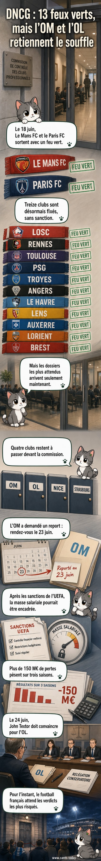 Illustration d'un stade de football vu depuis les tribunes, avec les logos de la DNCG et des clubs de Ligue 1 projetés sur le terrain.