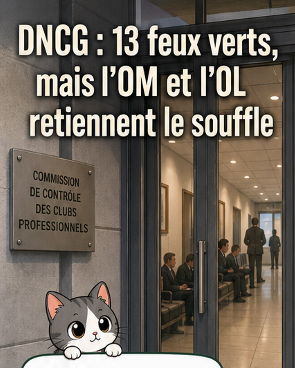 Illustration d'un stade de football vu depuis les tribunes, avec les logos de la DNCG et des clubs de Ligue 1 projetés sur le terrain.