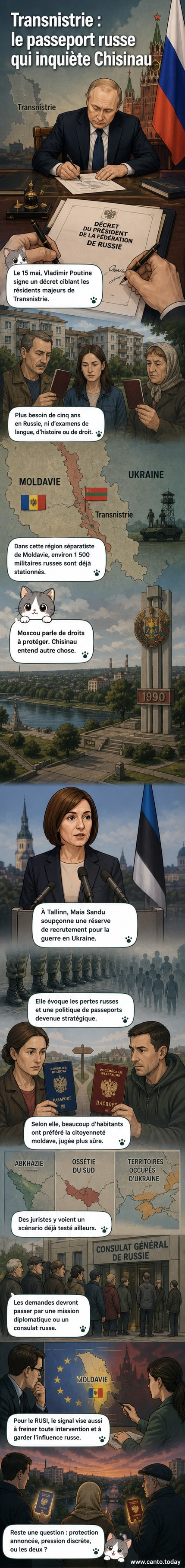 Illustration d'un passeport russe avec le drapeau tricolore, posé sur une carte de l'Europe orientale, avec un point rouge sur la Transnistrie.