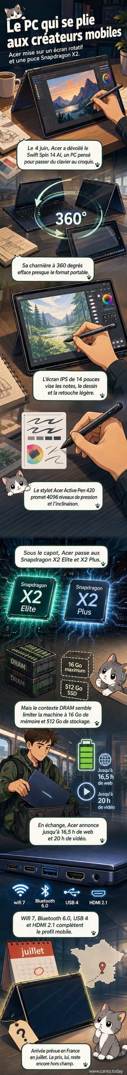 Illustration d’un ordinateur portable Acer Swift Spin 14 AI pivotant en mode tablette, avec stylet à l’écran et interface tactile active.