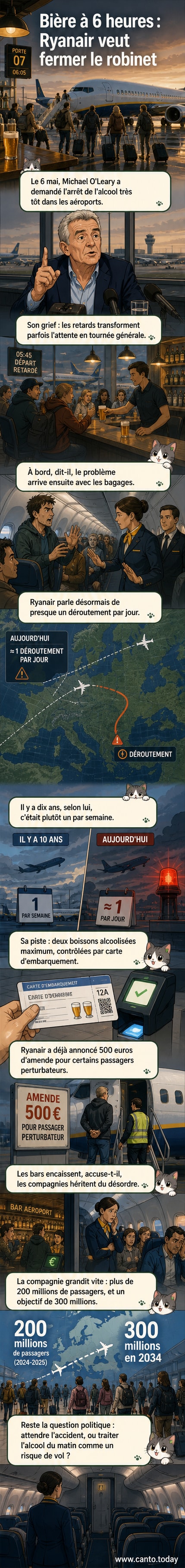 Un avion de Ryanair au sol entouré de passagers agités, avec un bar d’aéroport en arrière-plan servant des bières sous une horloge indiquant 6h00.