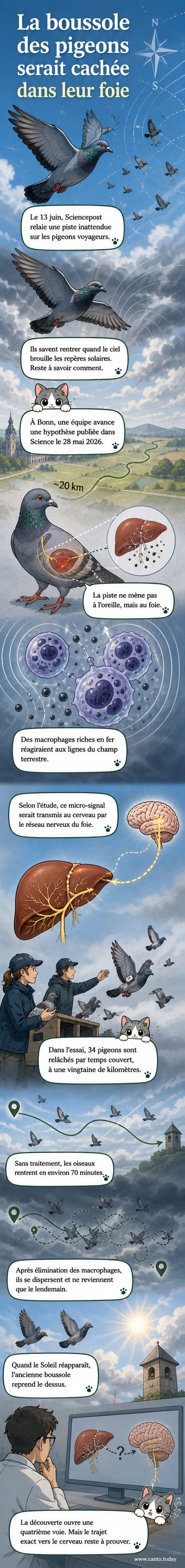 Illustration d'un pigeon voyageur avec un zoom sur son foie, montrant des macrophages sensibles au champ magnétique terrestre.