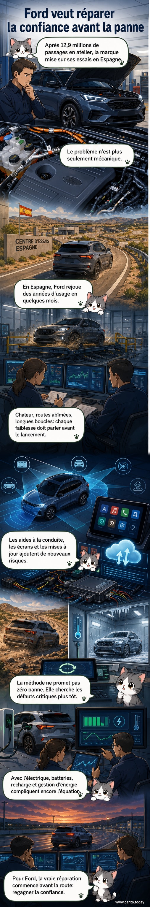 Illustration d'un véhicule Ford en test sur une piste d'essais en Espagne, sous un ciel brûlant, avec des écrans affichant des données techniques en arrière-plan.
