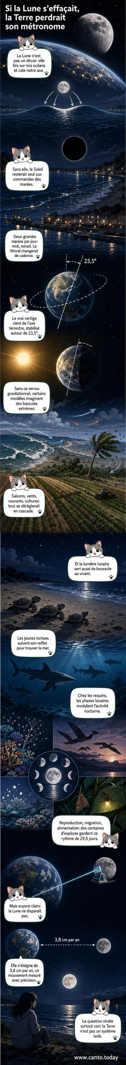 Illustration d’un ciel nocturne sans Lune, avec une Terre déséquilibrée et des marées chaotiques, symbolisant les conséquences d’une disparition soudaine du satellite.