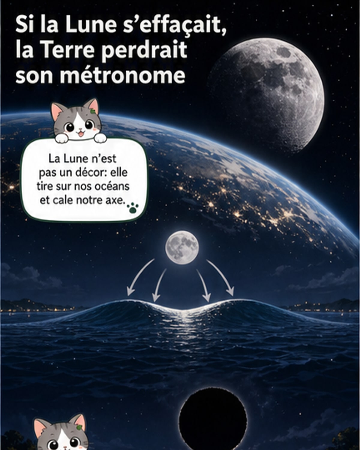 Illustration d’un ciel nocturne sans Lune, avec une Terre déséquilibrée et des marées chaotiques, symbolisant les conséquences d’une disparition soudaine du satellite.