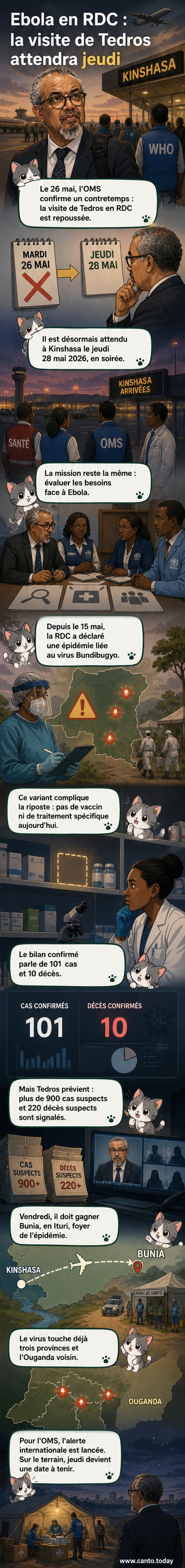 Illustration d'un médecin en tenue de protection dans une zone touchée par Ebola, avec une carte de l'Afrique centrale en arrière-plan montrant les zones infectées.
