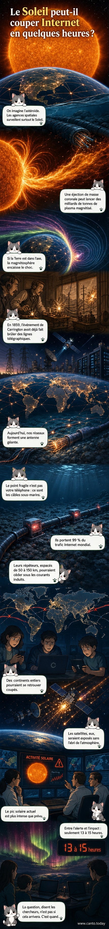 Illustration d'une éruption solaire projetant un nuage de plasma vers la Terre, avec des câbles sous-marins et des satellites en point de mire.