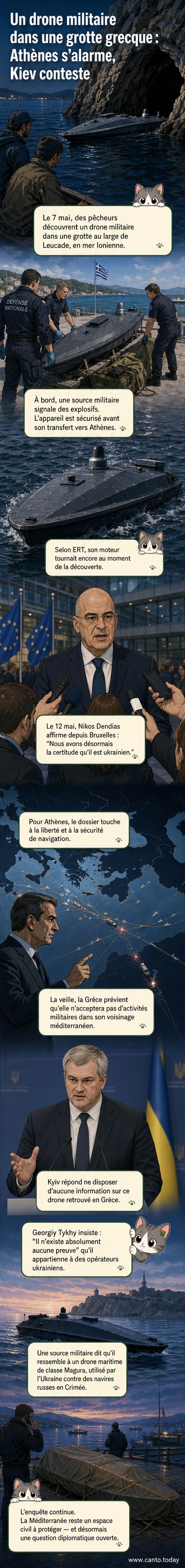 Illustration d’un drone militaire découvert dans une grotte côtière en Grèce, avec des marins locaux et des experts en arrière-plan.