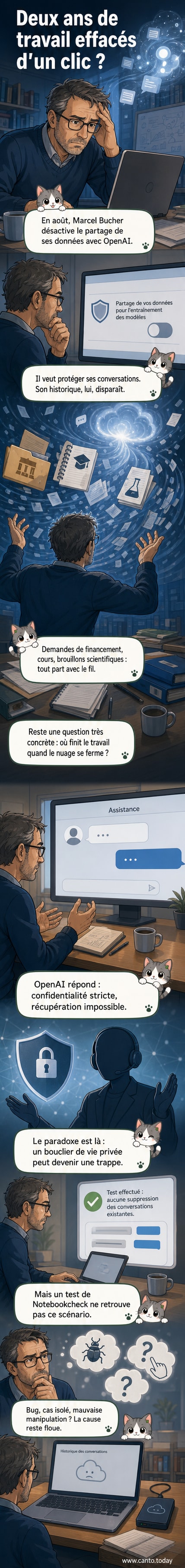 Illustration d'un chercheur face à un écran affichant un message d'erreur 'historique supprimé', avec des documents et des idées flottant dans le vide.