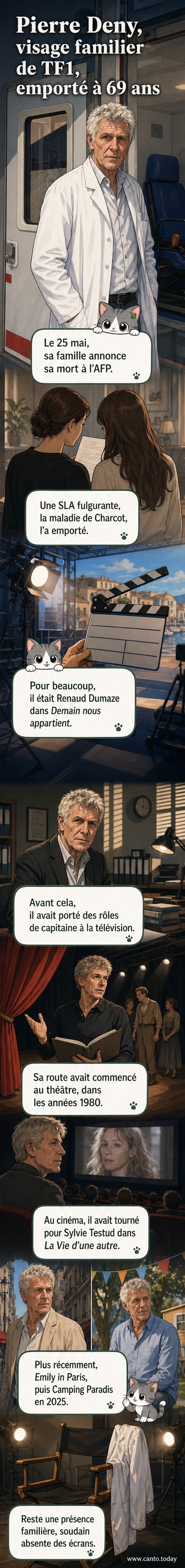 Photo d'archive de Pierre Deny en costume d'acteur dans le feuilleton 'Demain nous appartient', regardant caméra, fond de décor urbain.