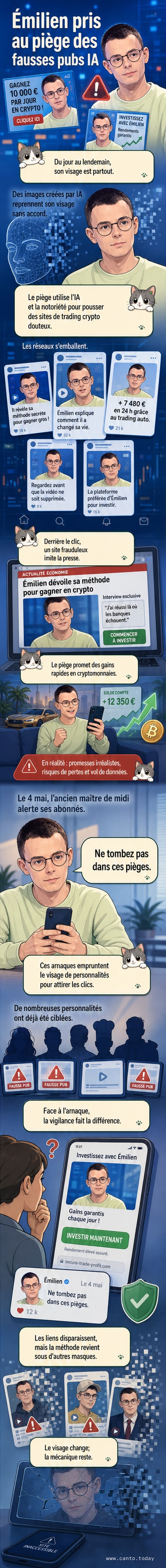 Émilien, ancien champion des '12 coups de midi', en tenue d'émission, avec un avertissement sur une fausse publicité utilisant son image via l'IA.