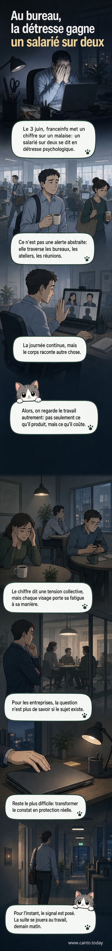Illustration d’un bureau avec un employé la tête entre les mains, entouré de symboles de pression : e-mails, réunions, objectifs, horloge.