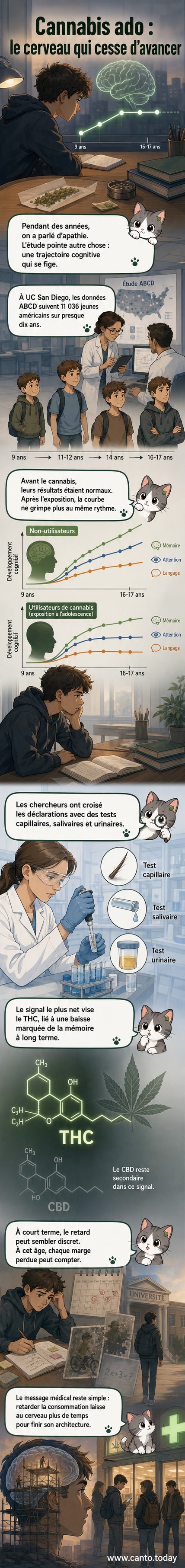 Illustration d’un cerveau d’adolescent en développement, avec une partie en croissance normale et une autre figée, symbolisant l’effet du THC.