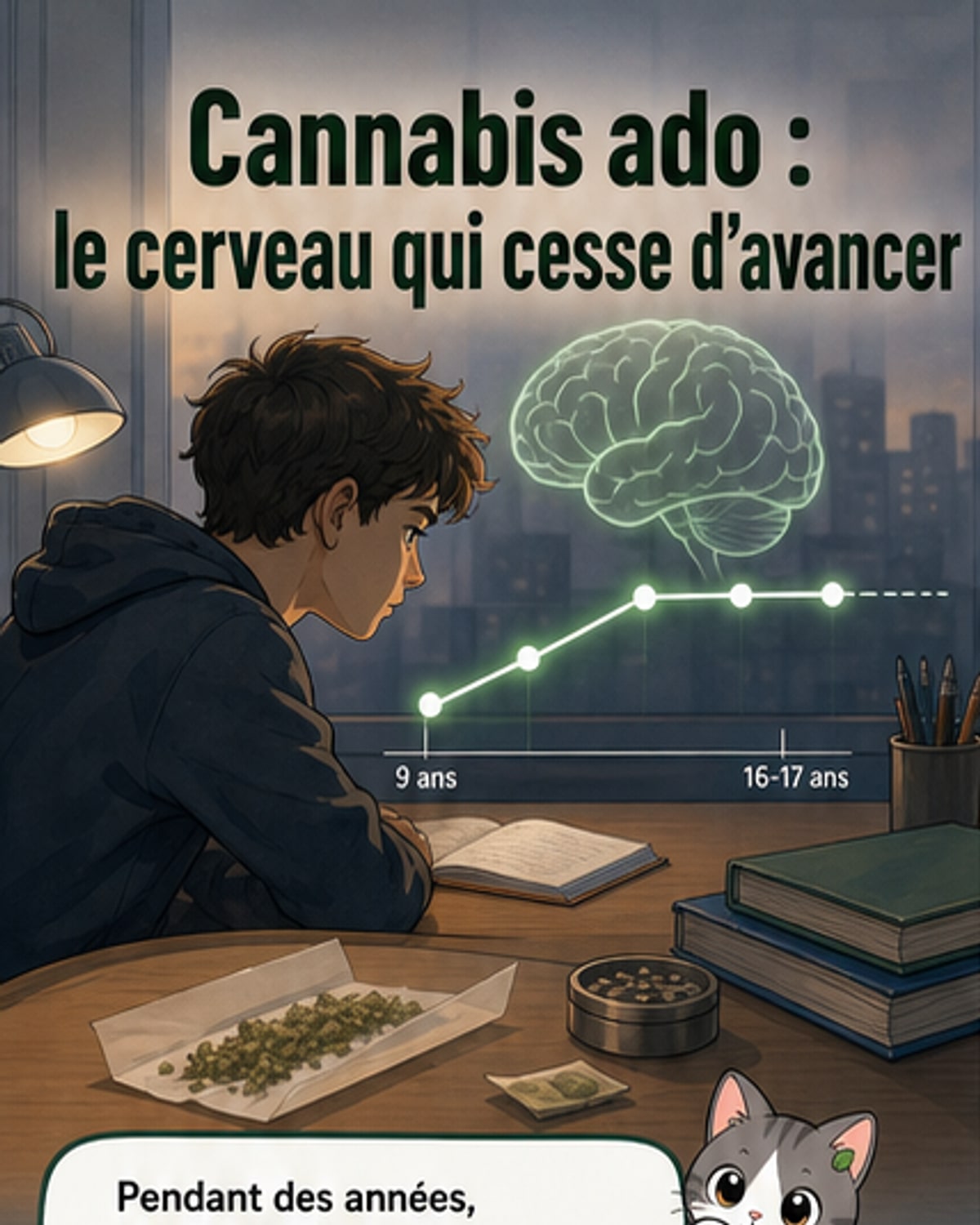 Illustration d’un cerveau d’adolescent en développement, avec une partie en croissance normale et une autre figée, symbolisant l’effet du THC.