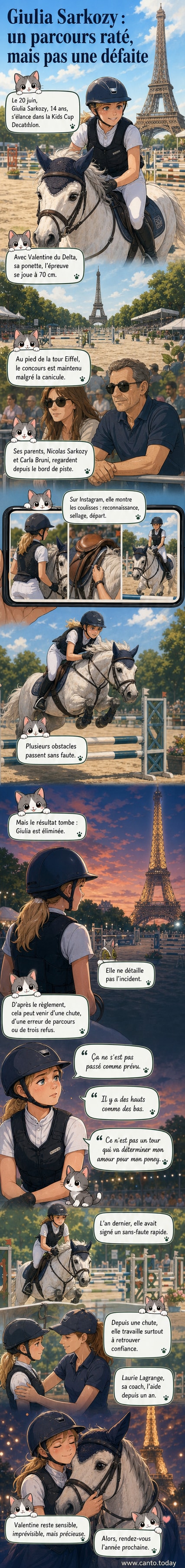 Giulia Sarkozy en tenue d'équitation, montant sa ponette Valentine du Delta sous la lumière du soir près de la tour Eiffel, entourée de barrières d'obstacles.