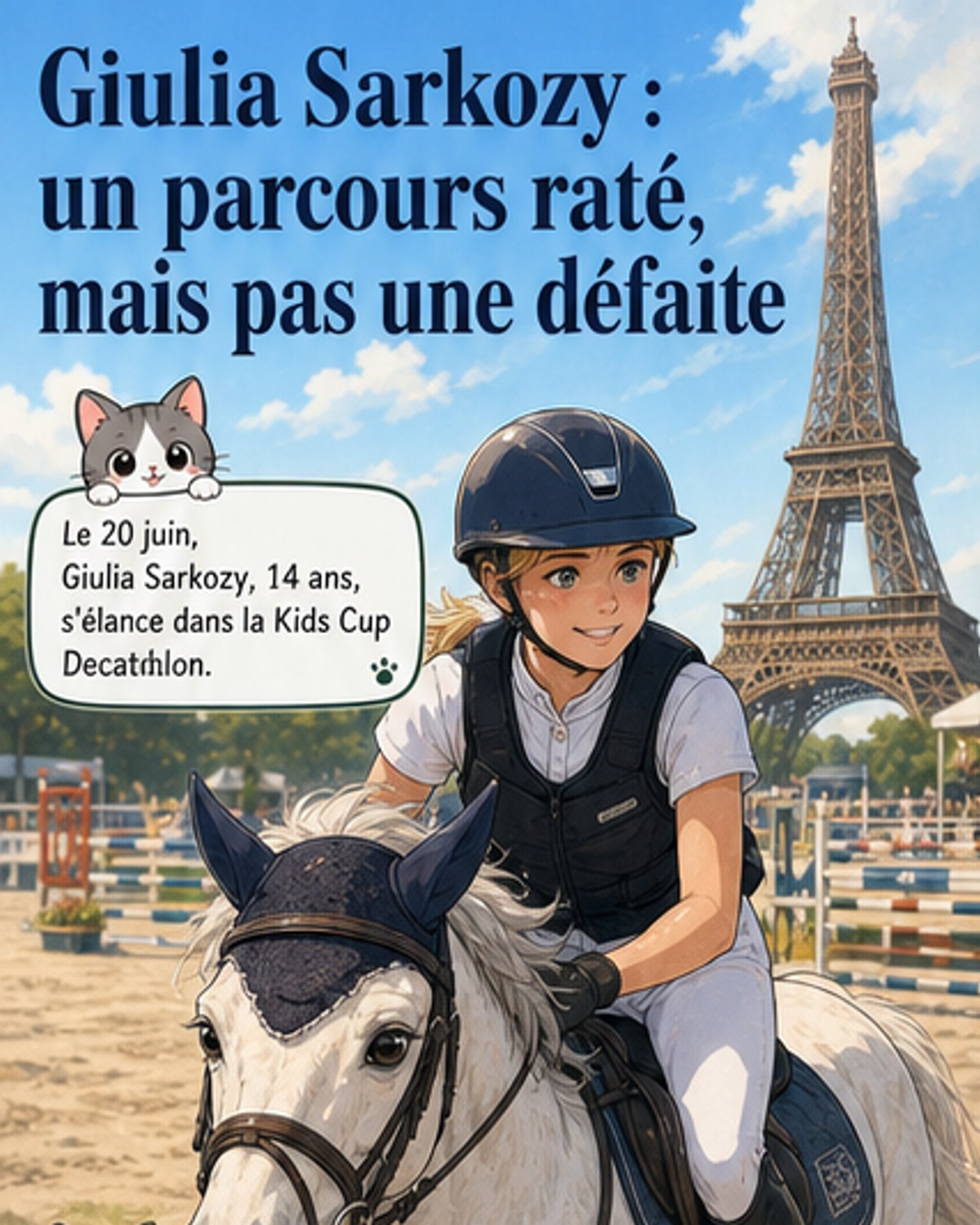 Giulia Sarkozy en tenue d'équitation, montant sa ponette Valentine du Delta sous la lumière du soir près de la tour Eiffel, entourée de barrières d'obstacles.