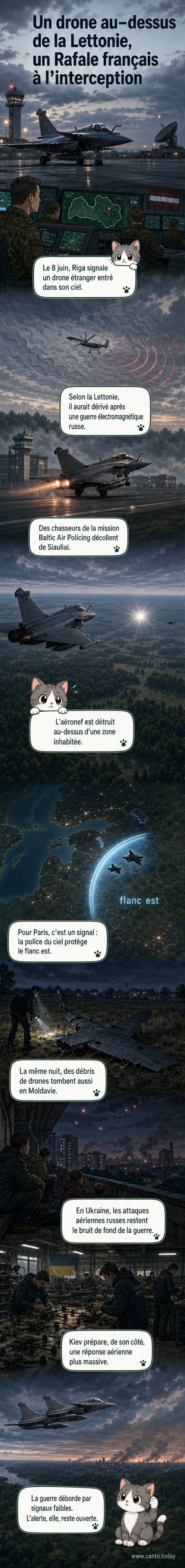 Un Rafale français en vol, avec un drone explosant au loin, au-dessus d’un territoire boisé et rural, symbolisant l’interception d’un drone russe dans l’espace aérien letton.