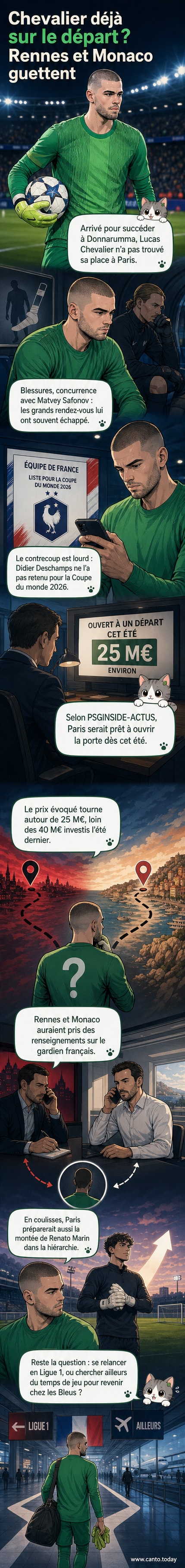 Illustration d'un gardien de but en tenue du PSG, regardant vers deux maillots vides portant les couleurs de Rennes et Monaco, avec un ballon flottant entre eux.