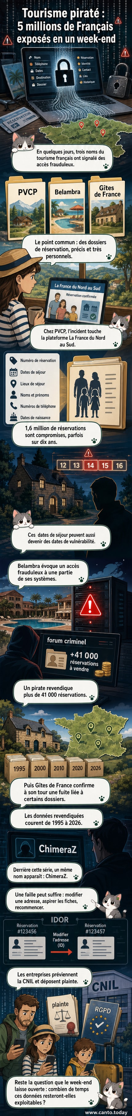Illustration d'un hacker masqué devant trois logos de marques de tourisme français, avec des flux de données personelles s'échappant vers le dark web.