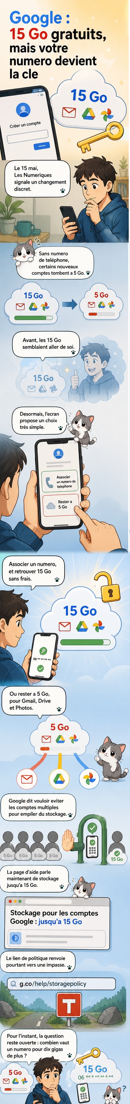 Illustration d'un compte Google avec une icône de nuage de stockage divisée en deux : une moitié pleine marquée 15 Go, l'autre vide marquée 5 Go, avec un téléphone en arrière-plan.