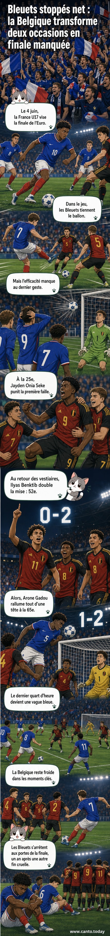 Joueurs français tête baissée après un but belge lors du match U17 Euro, stade en arrière-plan.