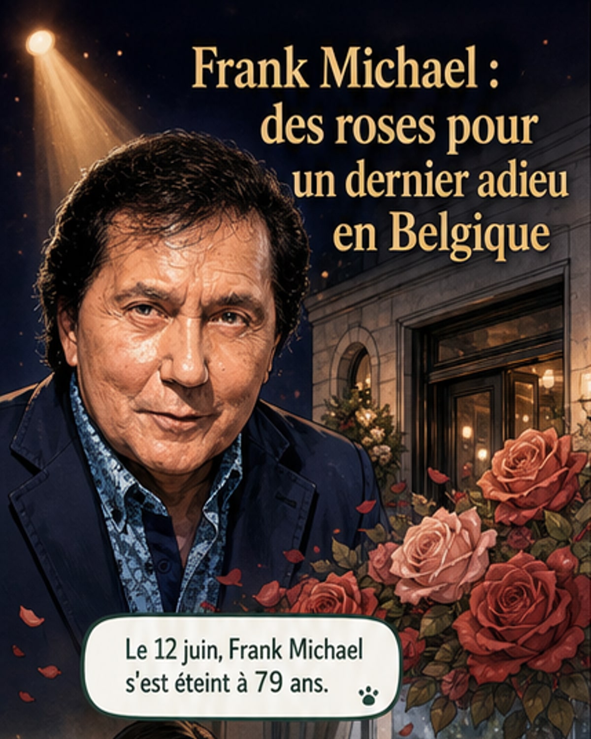 Photo d'archive de Frank Michael en concert, souriant, micro à la main, sous une lumière dorée.
