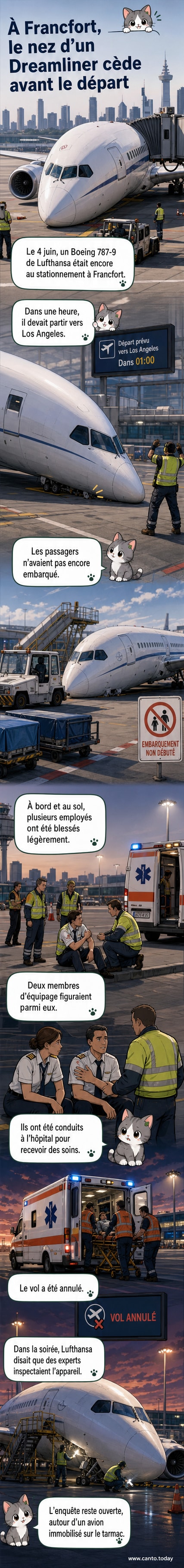 Un Boeing 787 de Lufthansa penché vers l'avant sur le tarmac de l'aéroport de Francfort, entouré de personnel au sol et de véhicules d'urgence.