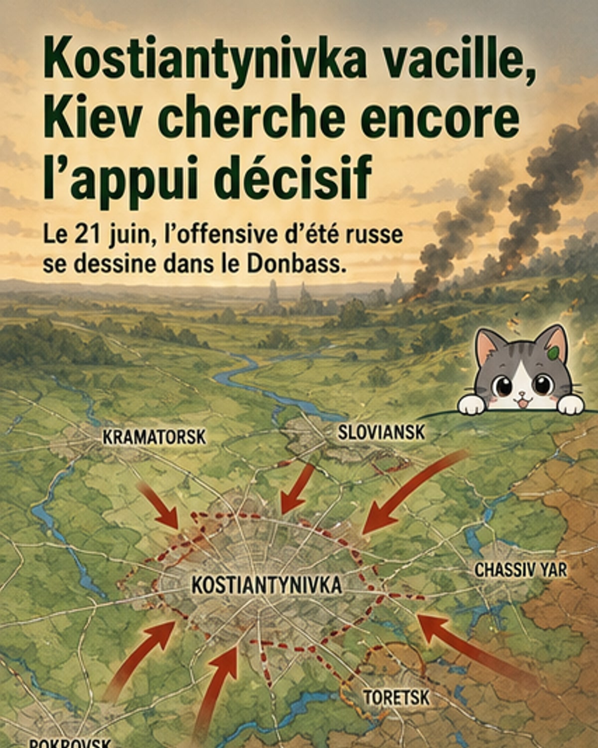Carte animée montrant les lignes de front en Ukraine, avec des flèches indiquant les avancées russes vers Kostiantynivka et Kramatorsk, et des zones de tension autour de Lyman et Vovchansk.