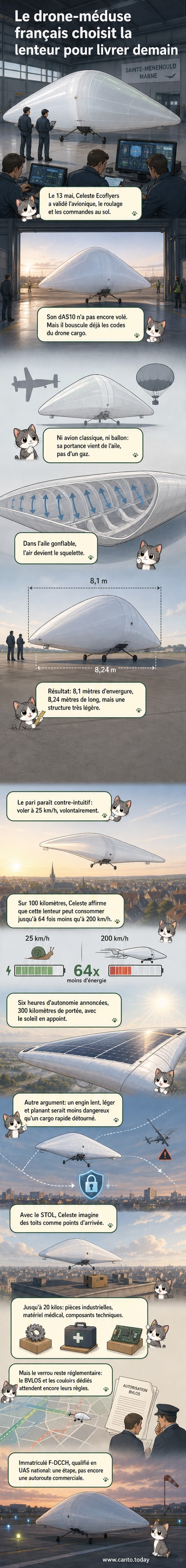 Représentation artistique d’un drone en forme de méduse volante, avec une grande aile gonflable circulaire et des panneaux solaires visibles sur le dessus, survolant une zone rurale en France.