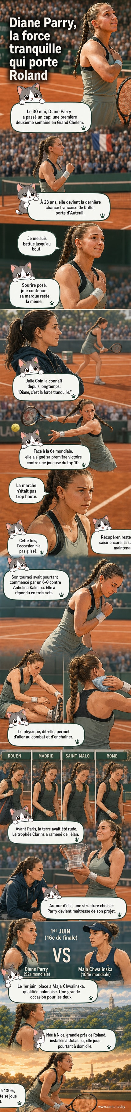 Diane Parry, joueuse de tennis française, souriante sur le court Philippe-Chatrier après sa victoire au troisième tour de Roland-Garros 2026.