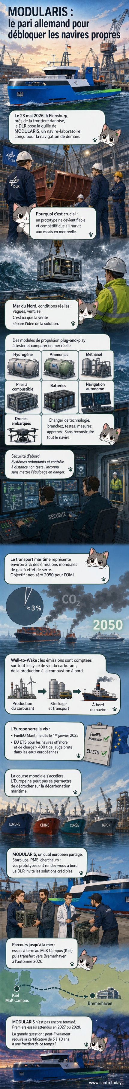 Représentation artistique du MODULARIS, un navire-laboratoire allemand modulaire, en mer avec des équipements expérimentaux visibles sur le pont.