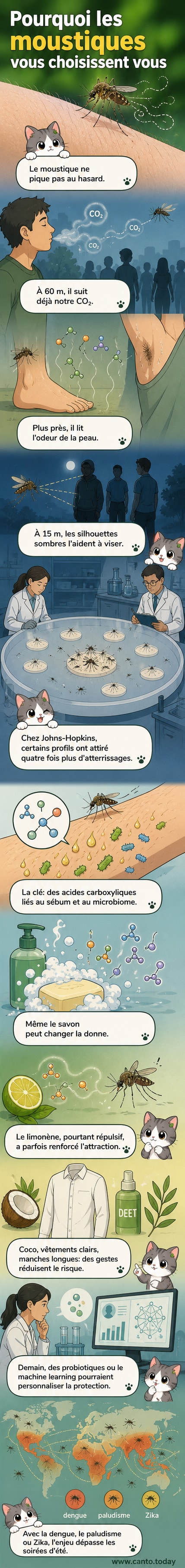 Illustration d’un moustique attiré par une silhouette humaine, avec des flèches indiquant les signaux chimiques, thermiques et visuels détectés.