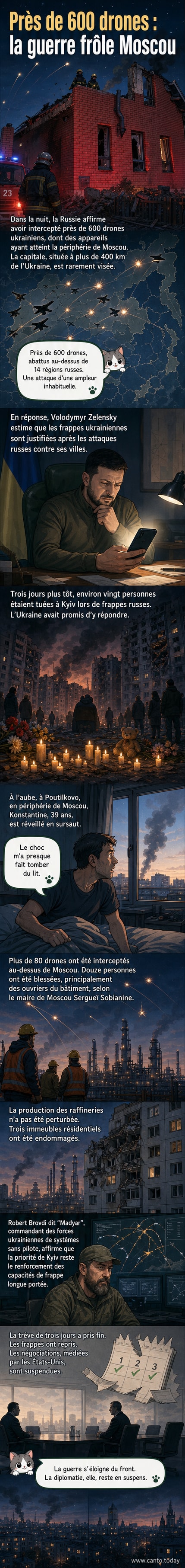 Vue nocturne illustrée de drones survolant la campagne russe, certains explosant dans le ciel tandis que d'autres touchent une raffinerie en périphérie de Moscou, avec des habitations endommagées en arrière-plan.