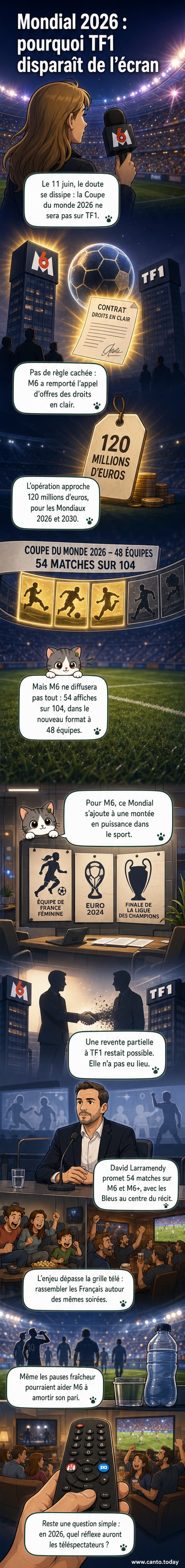 Logos de M6 et TF1 face à face, avec un ballon de football au centre, symbolisant le transfert des droits de diffusion de la Coupe du monde.