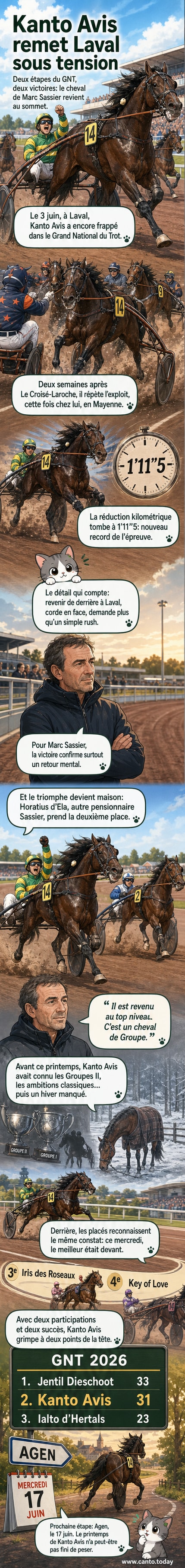 Kanto Avis franchit la ligne d'arrivée en tête lors de la 6e étape du Grand National du Trot, entouré d'autres concurrents, sous un ciel clair à Mayenne.