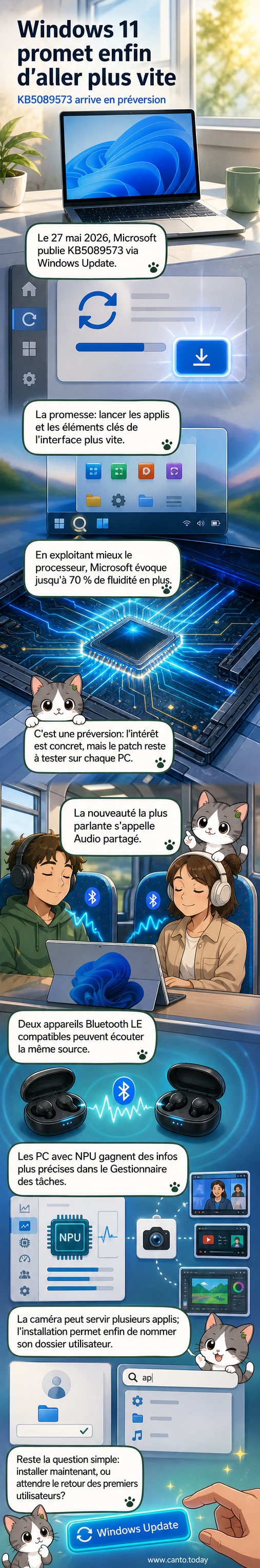 Capture d'écran de la mise à jour Windows 11 KB5089573 montrant les nouvelles fonctionnalités : audio partagé, performance améliorée et gestion multi-appareils.