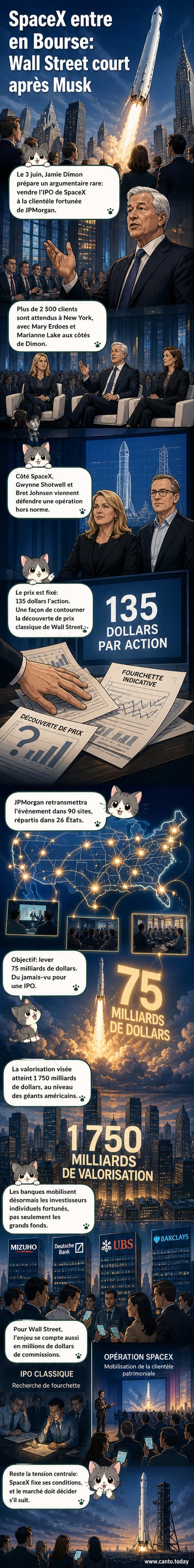 Illustration d'une fusée SpaceX stylisée s'élevant vers un graphique boursier en flèche, avec Jamie Dimon et Elon Musk en arrière-plan flou.