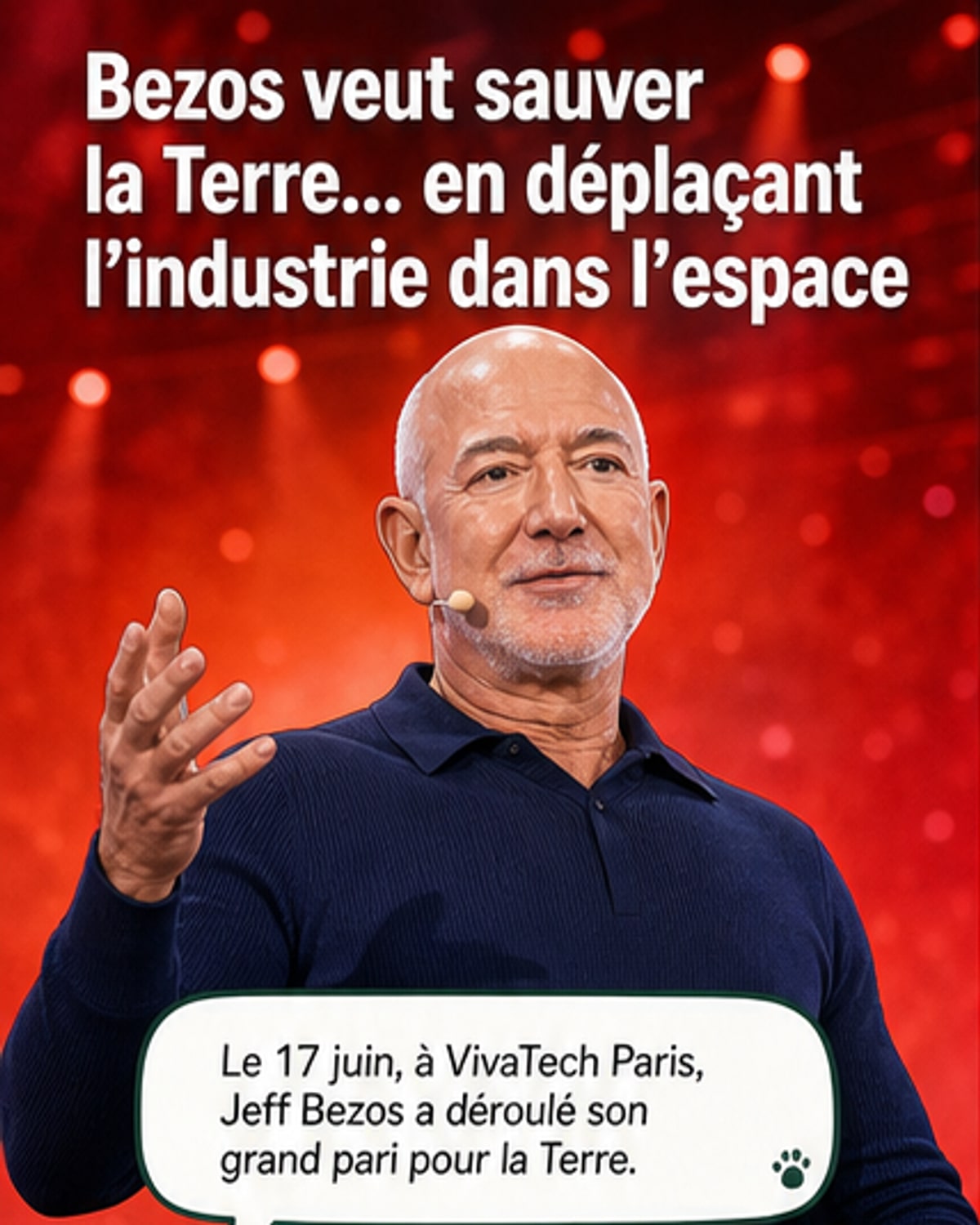 Jeff Bezos sur scène au salon VivaTech, parlant d’un avenir où l’industrie polluante serait déplacée sur la Lune.
