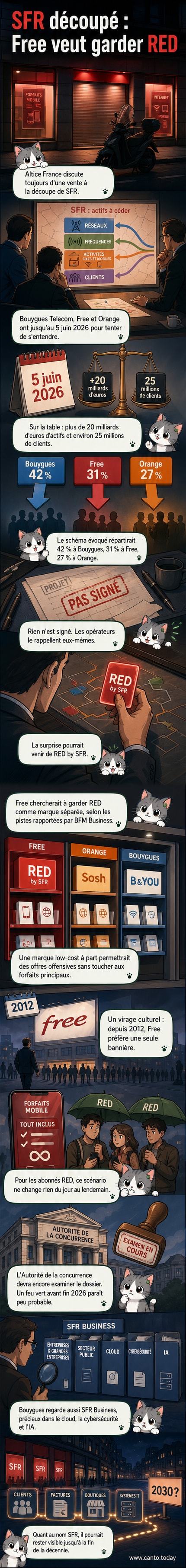 Illustration d'un smartphone avec les logos Free, RED et SFR, entouré de flèches symbolisant un rachat et une restructuration du marché mobile français.