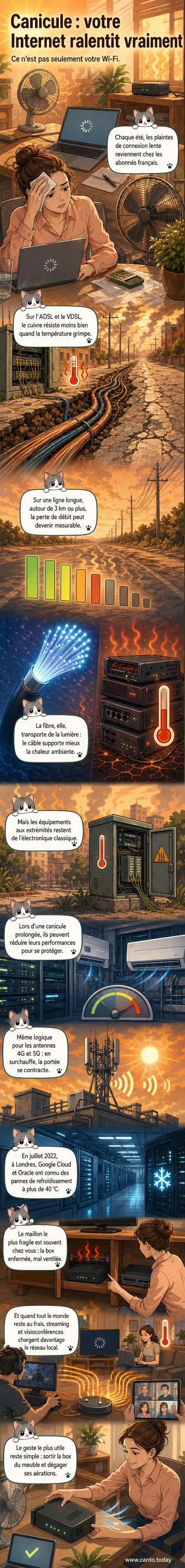 Illustration montrant une box Internet surchauffée dans un salon, avec des ondes Wi-Fi perturbées par la chaleur, et en arrière-plan des câbles enterrés et des armoires techniques sous le soleil estival.