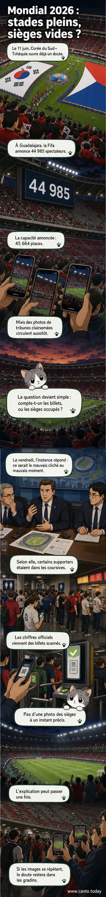 Vue aérienne d'un stade de football à Guadalajara avec de larges sections de tribunes visiblement vides, malgré une annonce de remplissage quasi-complet.