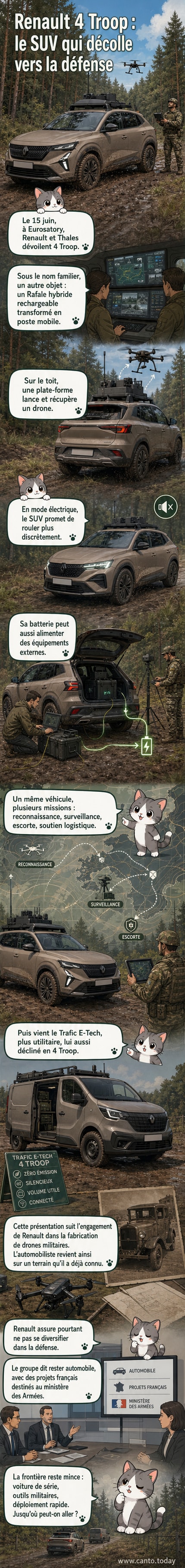 Un Renault Rafale 4x4 hybride avec un drone posé sur un support au toit, présenté lors d'un salon de défense.