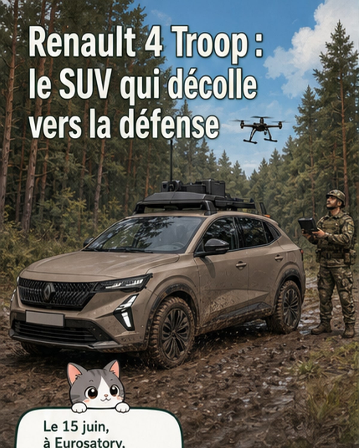 Un Renault Rafale 4x4 hybride avec un drone posé sur un support au toit, présenté lors d'un salon de défense.