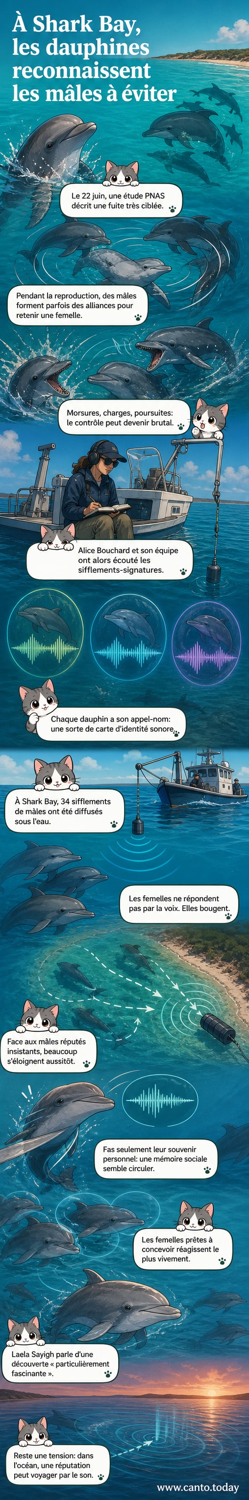 Illustration d'un groupe de dauphins dans l'océan, avec une femelle s'éloignant d'un mâle dont le sifflement est représenté par une onde sonore marquée d'un symbole d'alerte.