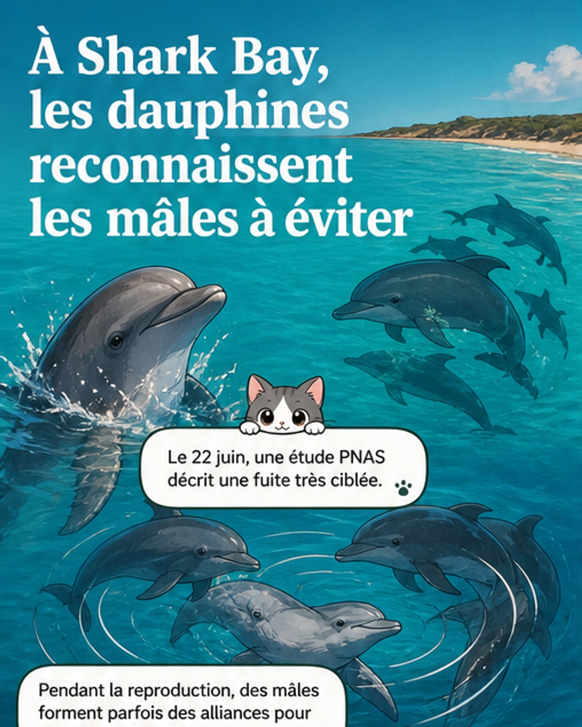 Illustration d'un groupe de dauphins dans l'océan, avec une femelle s'éloignant d'un mâle dont le sifflement est représenté par une onde sonore marquée d'un symbole d'alerte.