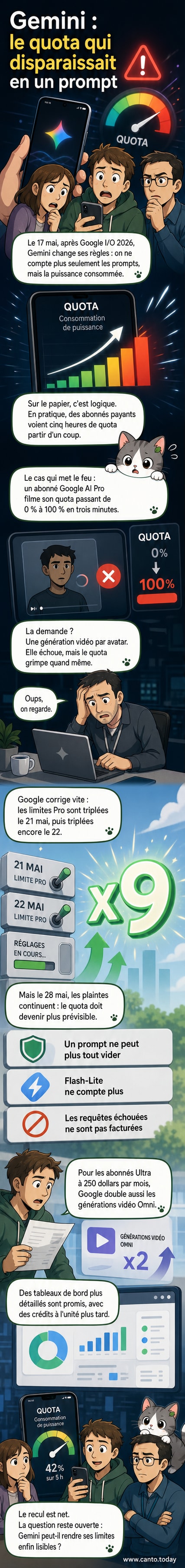 Illustration d’un écran d’ordinateur montrant une barre de progression de quota Gemini passant brusquement de 0 % à 100 %, avec un symbole d’alerte rouge.