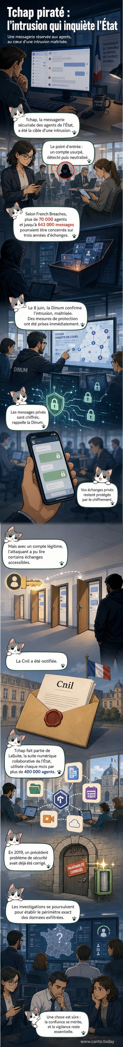 Illustration d'un écran d'ordinateur affichant une alerte de sécurité sur fond de drapeau français, avec l'icône de Tchap et des messages cryptés en arrière-plan.