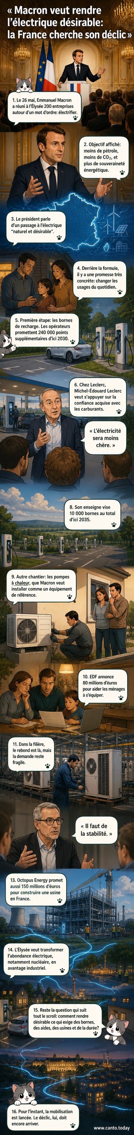 Illustration d'un président français entouré d'entreprises et d'icônes d'électrification : bornes de recharge, pompes à chaleur, réseaux électriques.