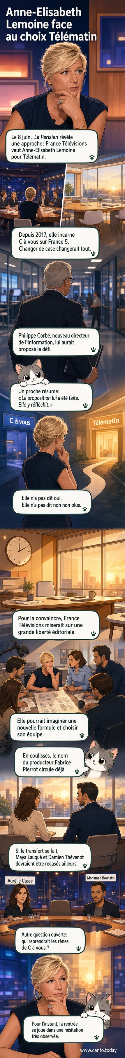 Illustration stylisée d'Anne-Elisabeth Lemoine entre deux décors télévisuels : à gauche, le plateau de « C à vous », à droite, une horloge matinale symbolisant « Télématin », avec un point d'interrogation au-dessus.